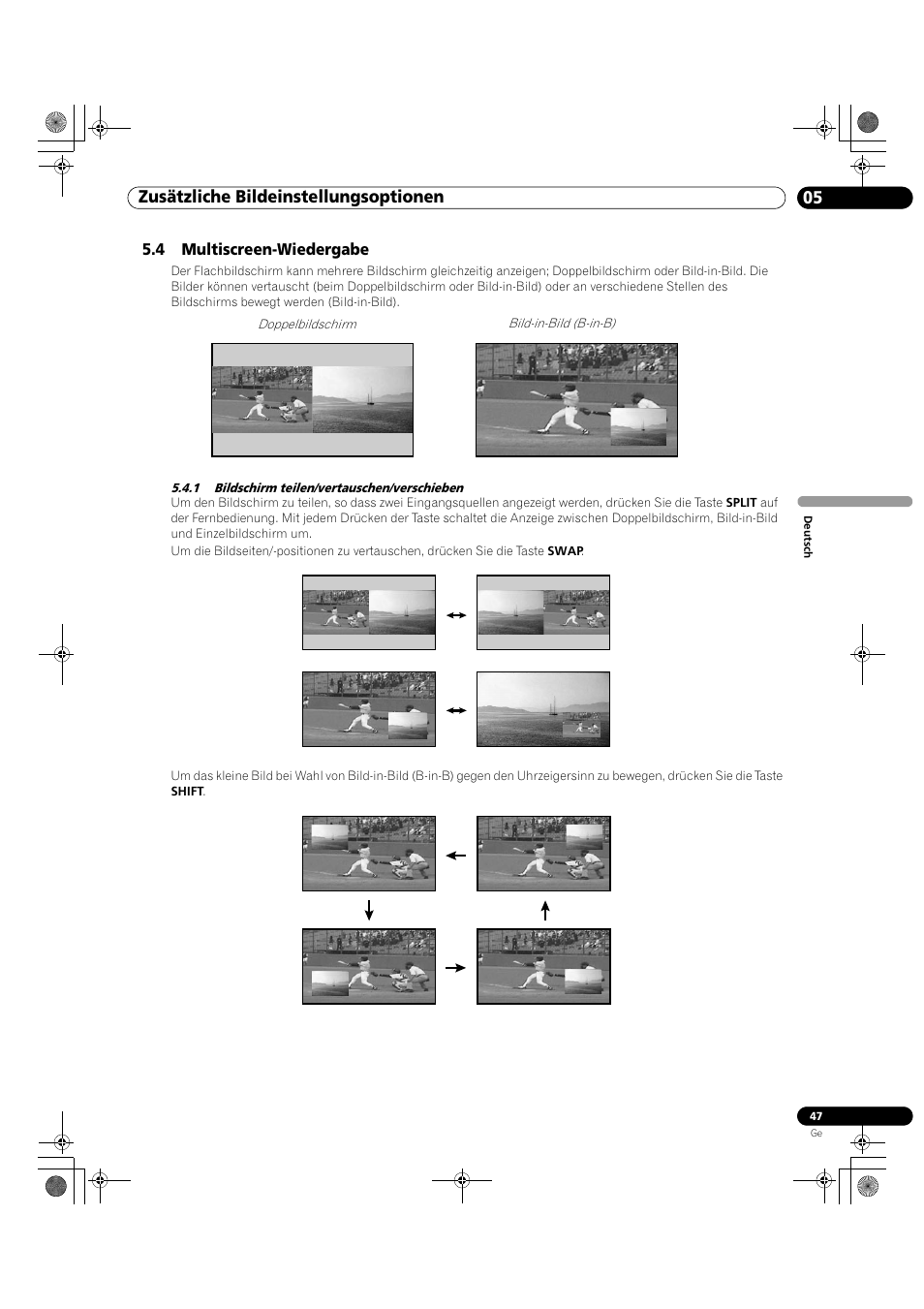 4 multiscreen-wiedergabe, 1 bildschirm teilen/vertauschen/verschieben, 05 zusätzliche bildeinstellungsoptionen | Pioneer KRP-500M User Manual | Page 263 / 325