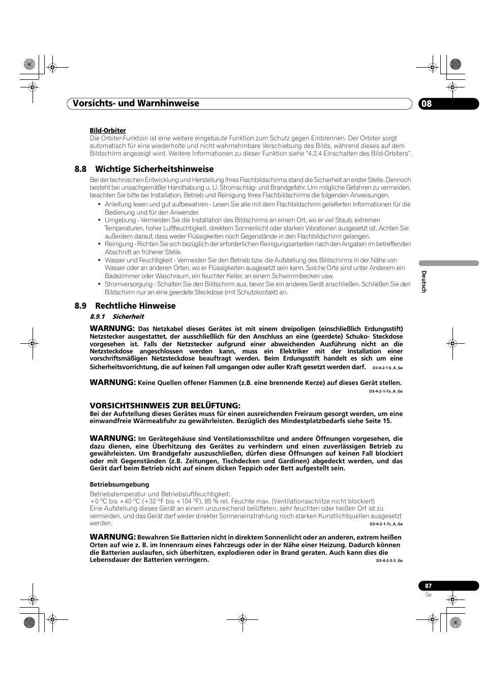 1 sicherheit, Vorsichts- und warnhinweise 08 | Pioneer KRP-500M User Manual | Page 303 / 325