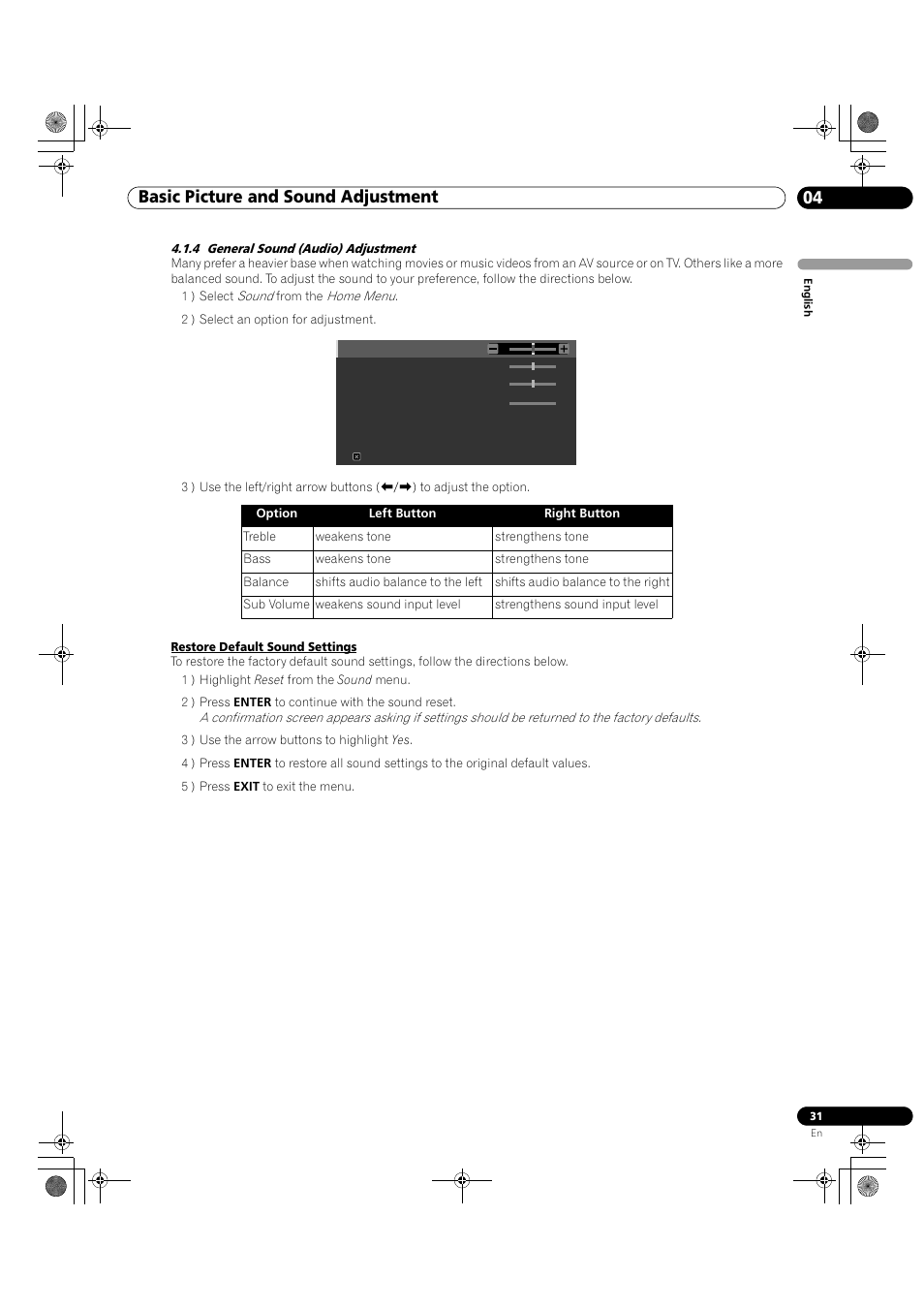 4 general sound (audio) adjustment, Basic picture and sound adjustment 04 | Pioneer KRP-500M User Manual | Page 31 / 325