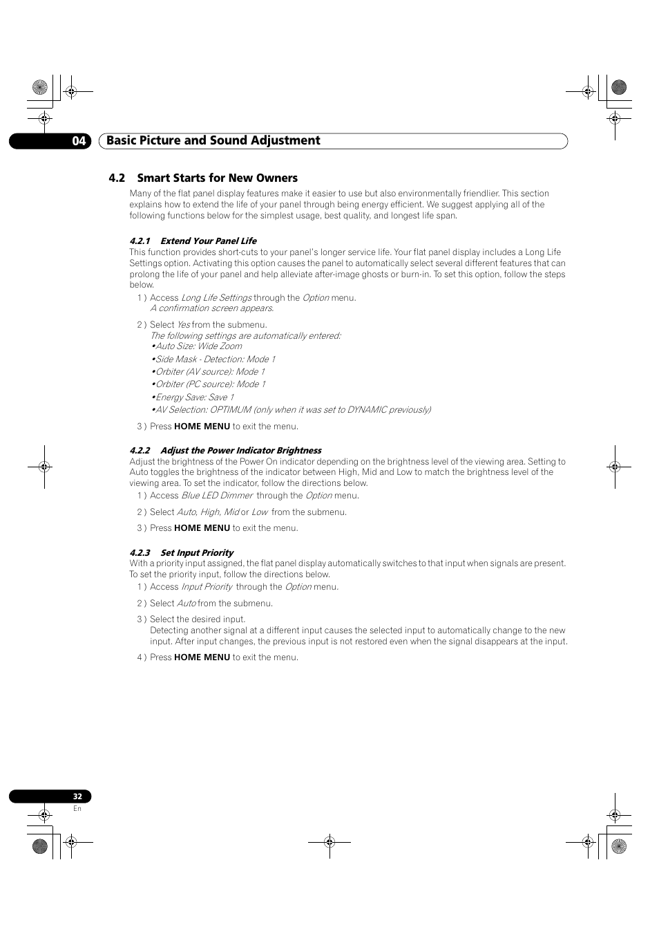 2 smart starts for new owners, 04 basic picture and sound adjustment | Pioneer KRP-500M User Manual | Page 32 / 325