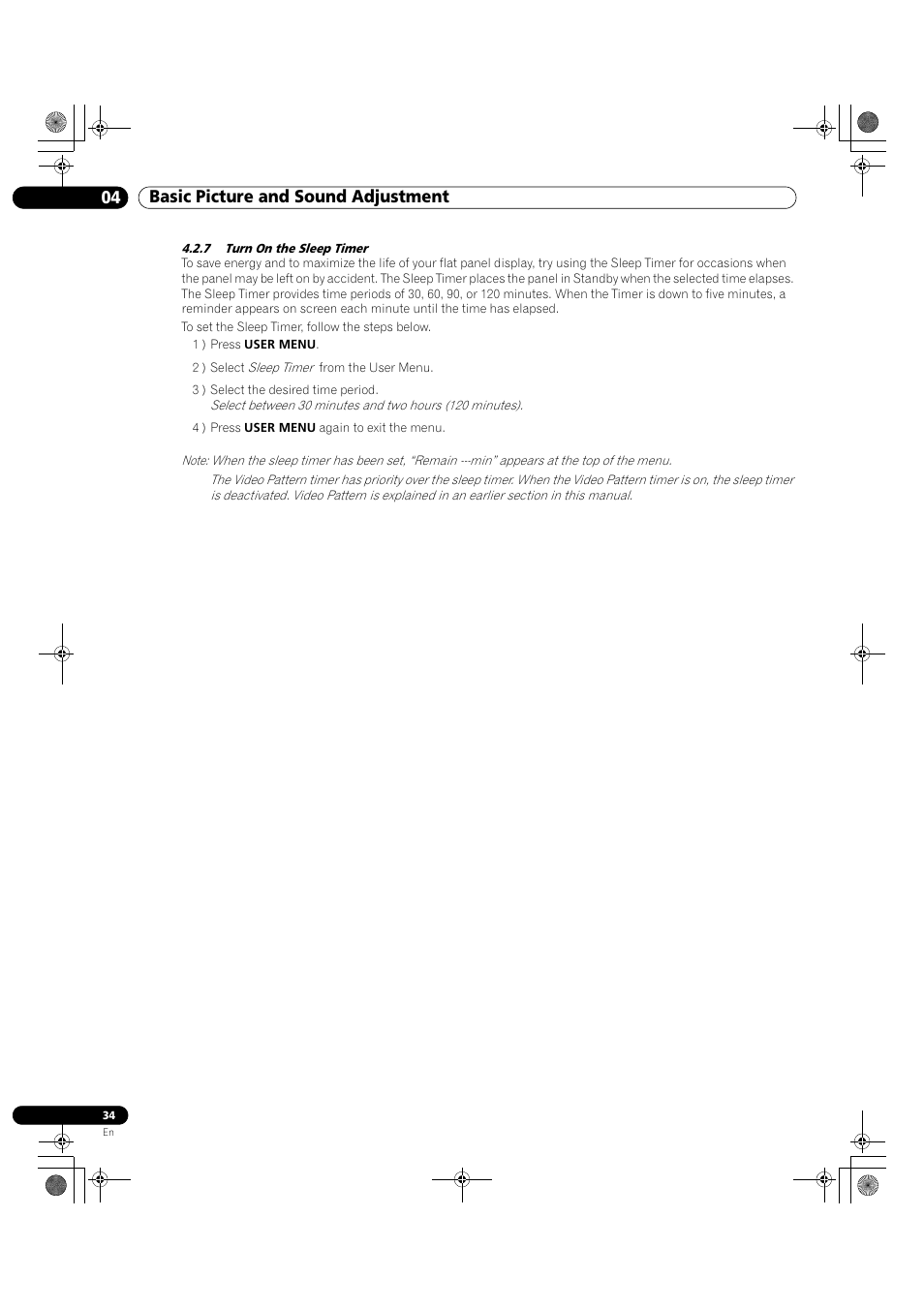 7 turn on the sleep timer, 04 basic picture and sound adjustment | Pioneer KRP-500M User Manual | Page 34 / 325