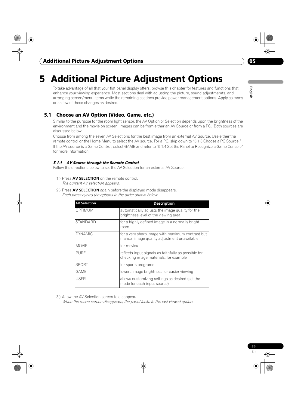 5 additional picture adjustment options, 1 choose an av option (video, game, etc.), 1 av source through the remote control | 05 additional picture adjustment options | Pioneer KRP-500M User Manual | Page 35 / 325