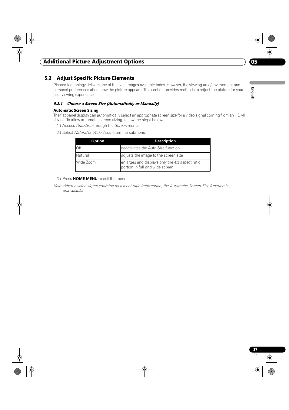 2 adjust specific picture elements, 1 choose a screen size (automatically or manually), 05 additional picture adjustment options | Pioneer KRP-500M User Manual | Page 37 / 325