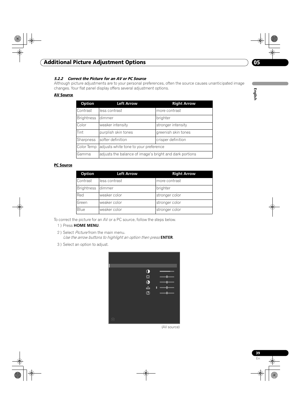 2 correct the picture for an av or pc source, 05 additional picture adjustment options | Pioneer KRP-500M User Manual | Page 39 / 325