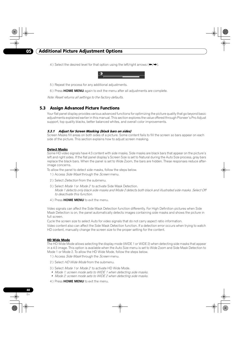 3 assign advanced picture functions, 1 adjust for screen masking (black bars on sides), 05 additional picture adjustment options | Pioneer KRP-500M User Manual | Page 40 / 325