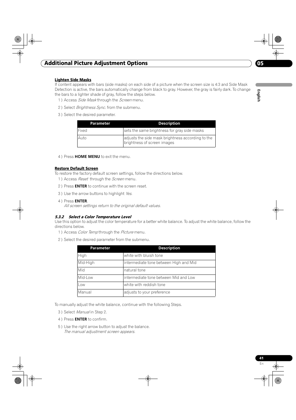2 select a color temperature level, 05 additional picture adjustment options | Pioneer KRP-500M User Manual | Page 41 / 325