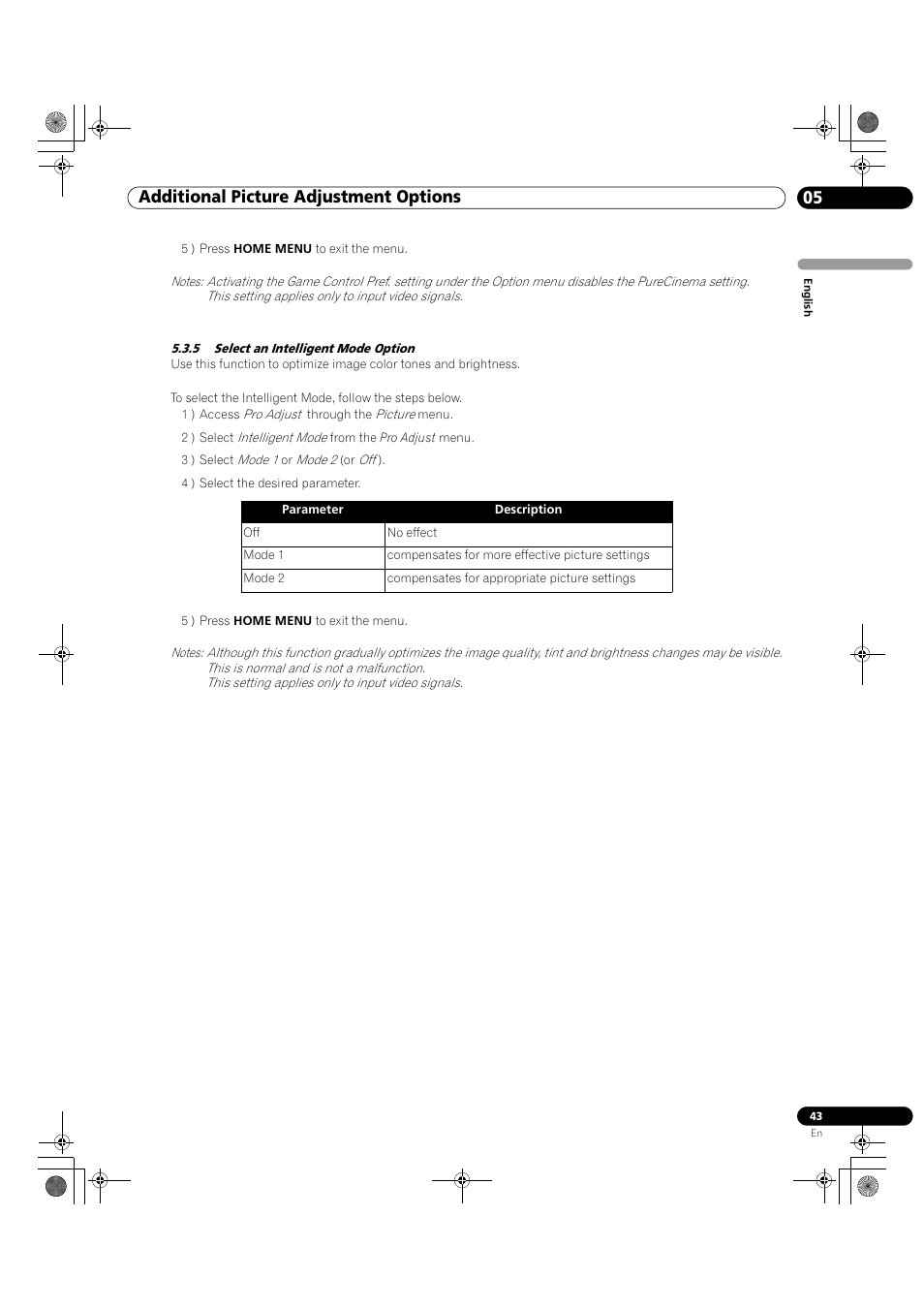 5 select an intelligent mode option, 05 additional picture adjustment options | Pioneer KRP-500M User Manual | Page 43 / 325