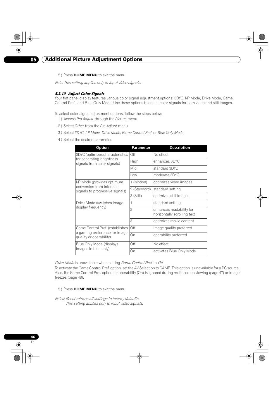 10 adjust color signals, 05 additional picture adjustment options | Pioneer KRP-500M User Manual | Page 46 / 325