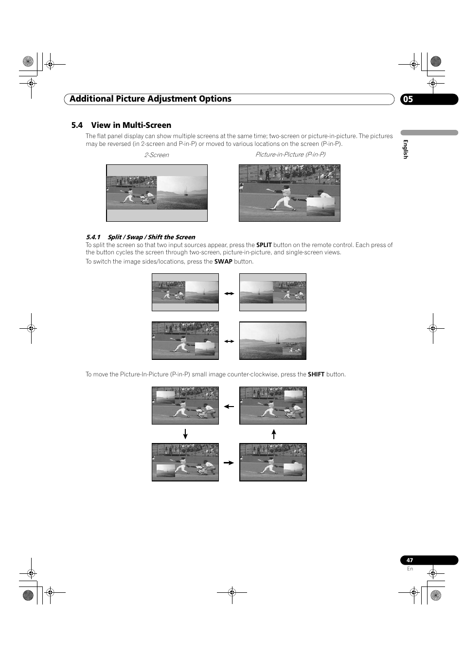 4 view in multi-screen, 1 split / swap / shift the screen, 05 additional picture adjustment options | Pioneer KRP-500M User Manual | Page 47 / 325