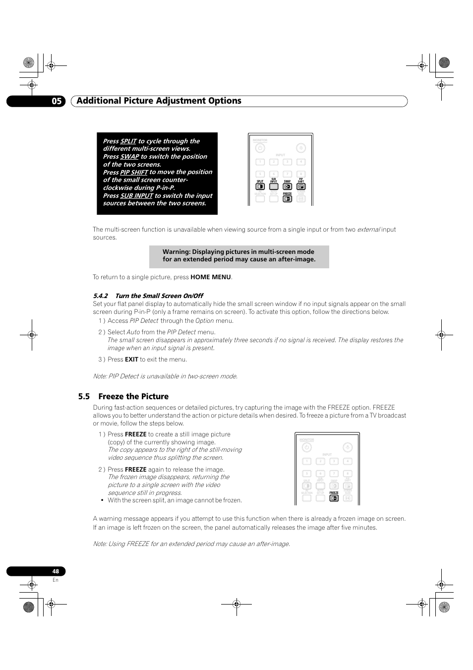 2 turn the small screen on/off, 5 freeze the picture, 05 additional picture adjustment options | Pioneer KRP-500M User Manual | Page 48 / 325