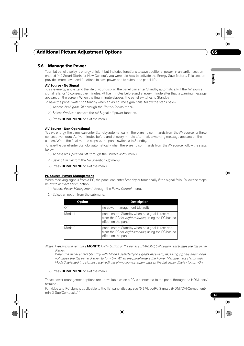 6 manage the power, 05 additional picture adjustment options | Pioneer KRP-500M User Manual | Page 49 / 325