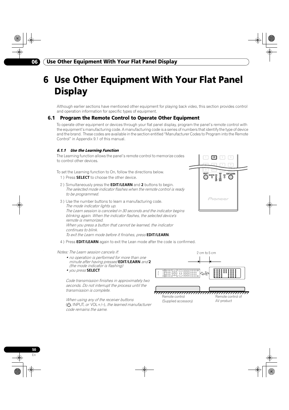 6 use other equipment with your flat panel display, 1 use the learning function | Pioneer KRP-500M User Manual | Page 50 / 325