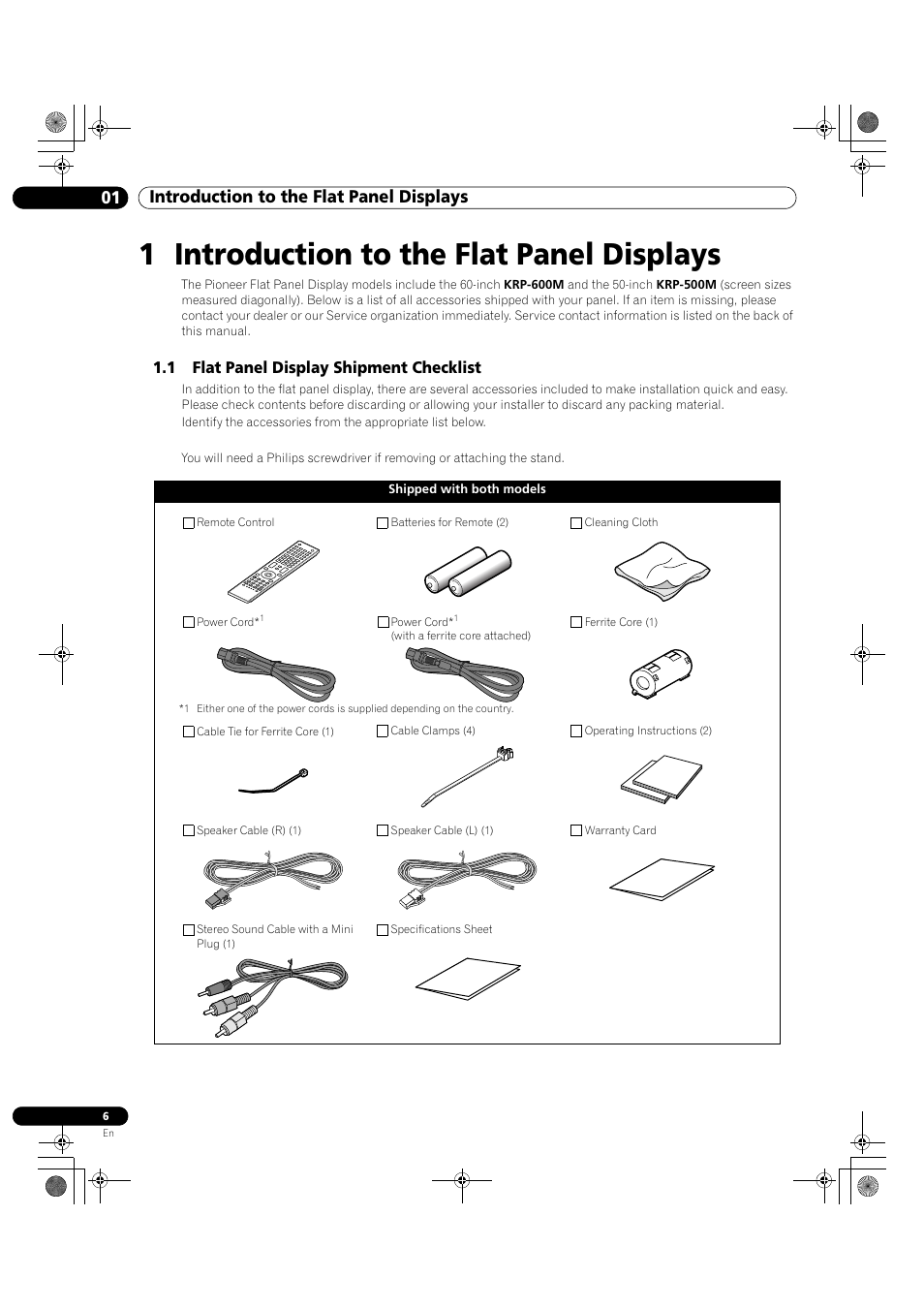 1 introduction to the flat panel displays, 1 flat panel display shipment checklist, 01 introduction to the flat panel displays | Pioneer KRP-500M User Manual | Page 6 / 325