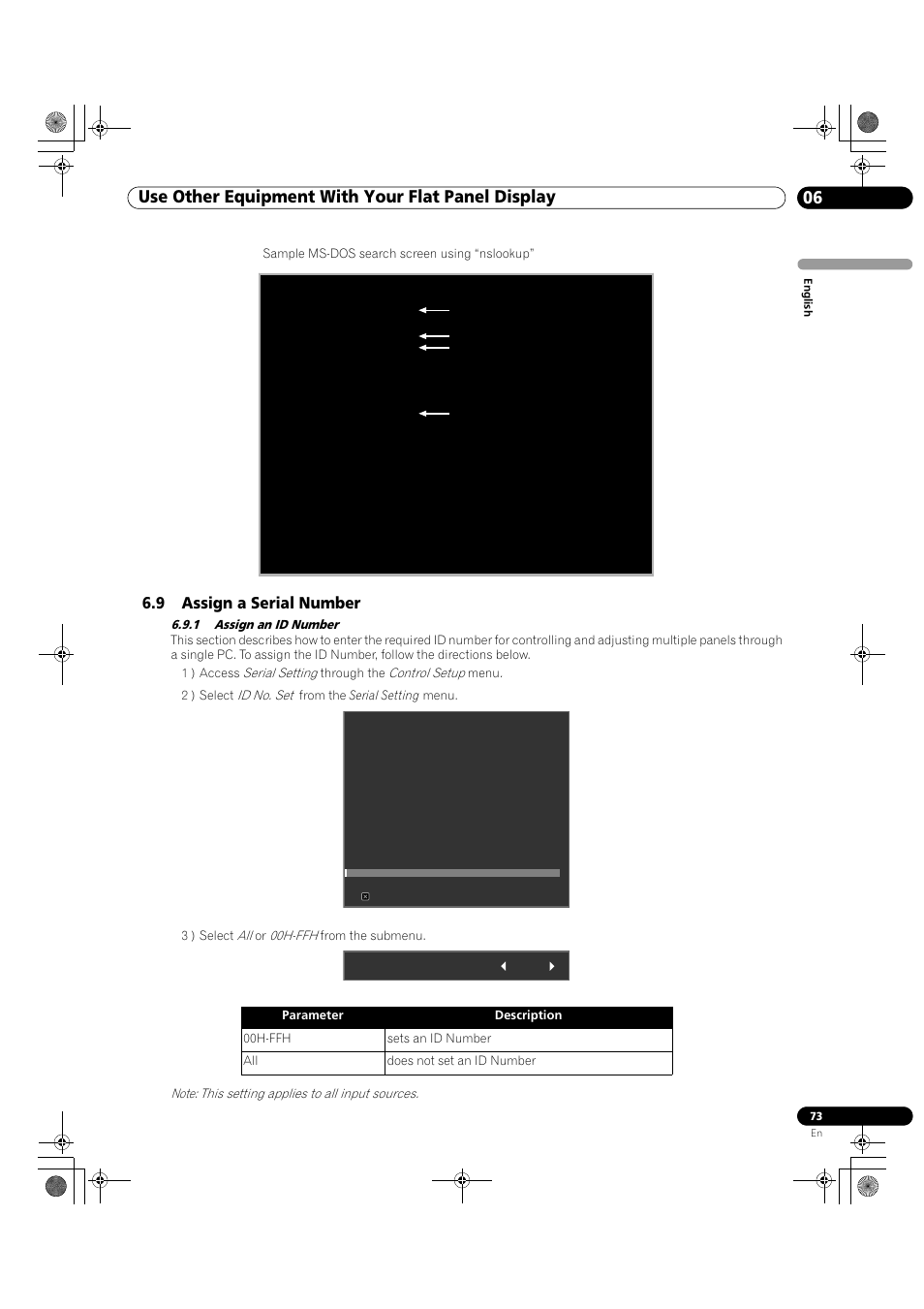 9 assign a serial number, 1 assign an id number, Sample ms-dos search screen using “nslookup | Pioneer KRP-500M User Manual | Page 73 / 325
