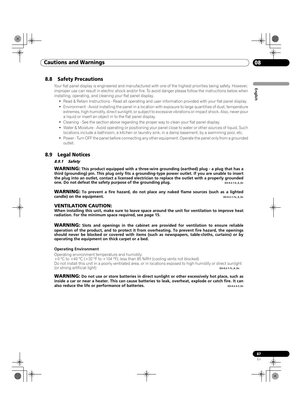 8 safety precautions 8.9 legal notices, 1 safety, Cautions and warnings 08 | Pioneer KRP-500M User Manual | Page 87 / 325