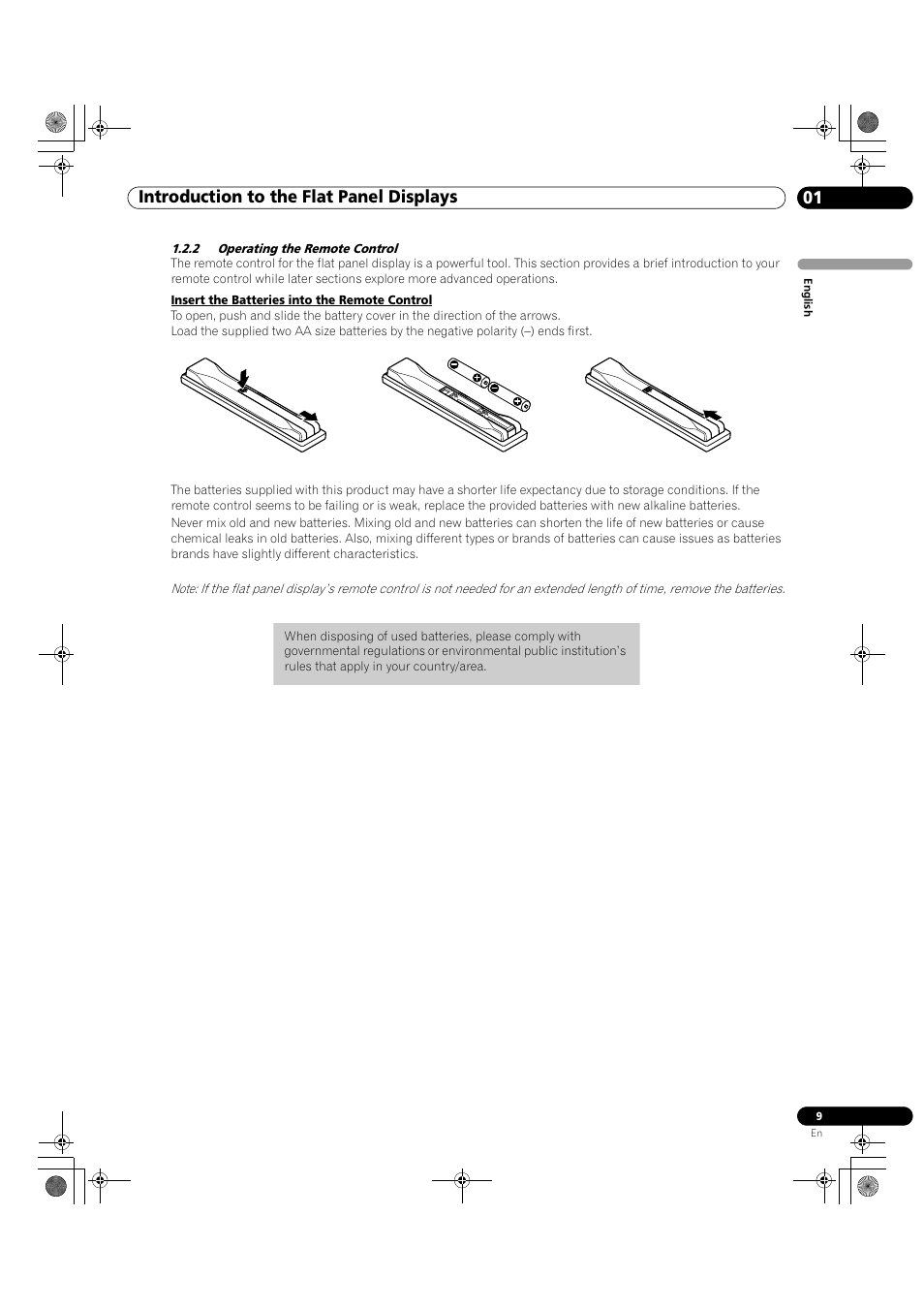 2 operating the remote control, 01 introduction to the flat panel displays | Pioneer KRP-500M User Manual | Page 9 / 325