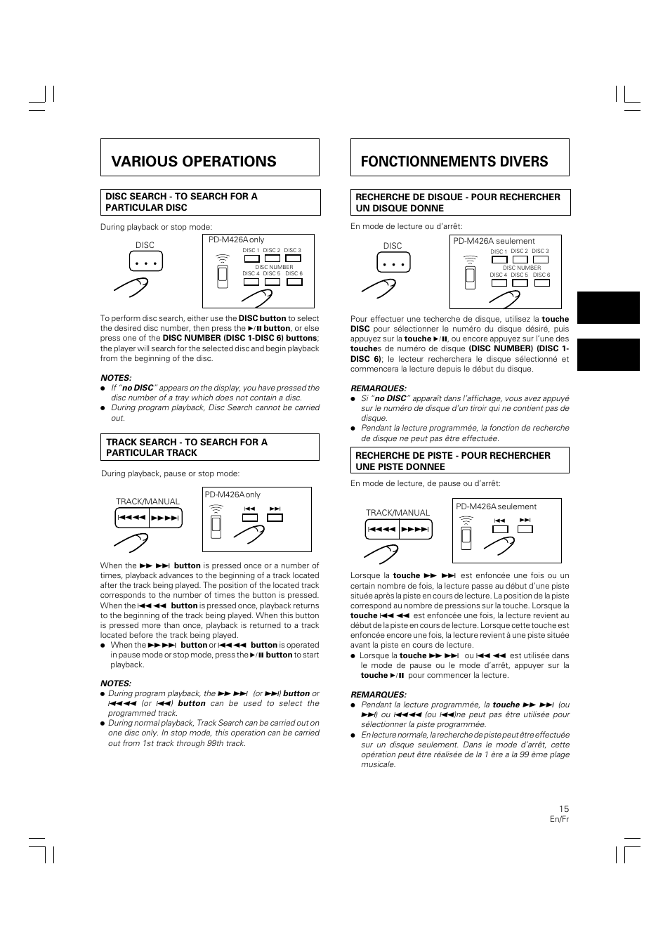 Various operations, Fonctionnements divers | Pioneer PD-M426A User Manual | Page 15 / 88