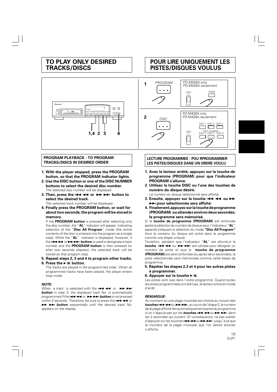 To play only desired tracks/discs, Pour lire uniquement les pistes/disques voulus | Pioneer PD-M426A User Manual | Page 19 / 88