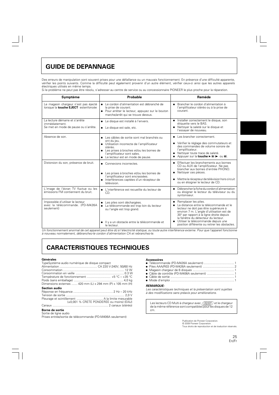 Guide de depannage caracterlstlques techniques, Guide de depannage, Caracteristiques techniques | Pioneer PD-M426A User Manual | Page 25 / 88