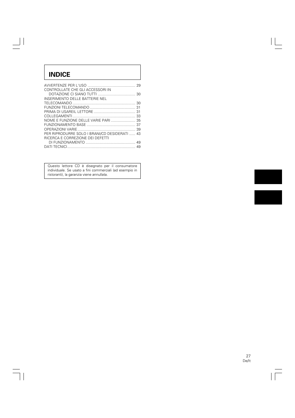Lettore per compact disc a dischi multipli, Istruzioni per l´uso, Indice | Pioneer PD-M426A User Manual | Page 27 / 88