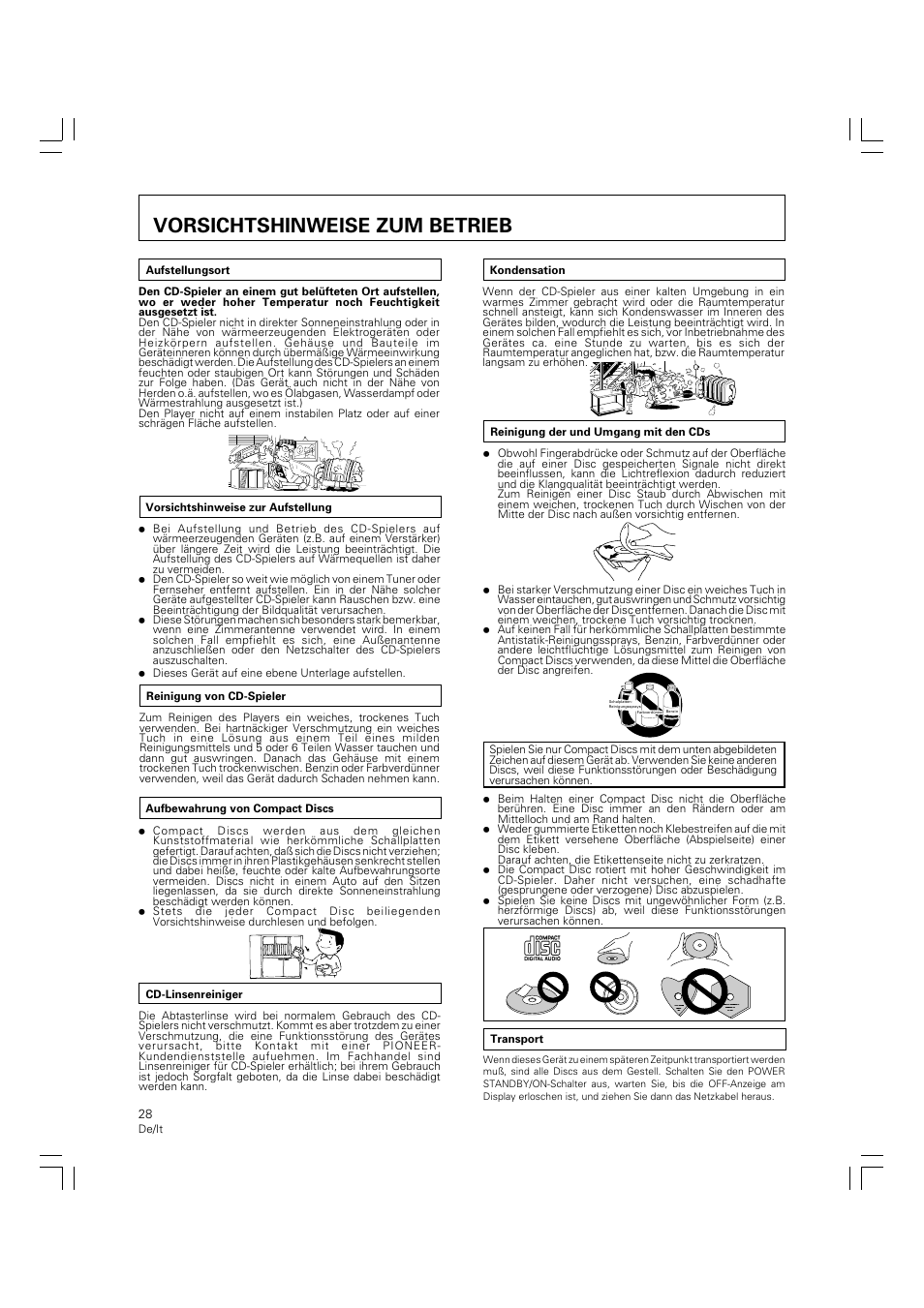 Vorsichtshinwiese zum betrieb, Vorsichtshinweise zum betrieb | Pioneer PD-M426A User Manual | Page 28 / 88