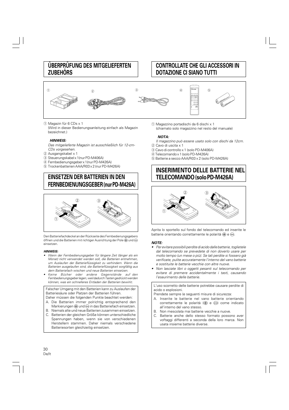Fernbedienungsgeber, Controllate che gli accessori in, Dotazione ci siano tutti | Inserimento delle batterie nel telecomando | Pioneer PD-M426A User Manual | Page 30 / 88