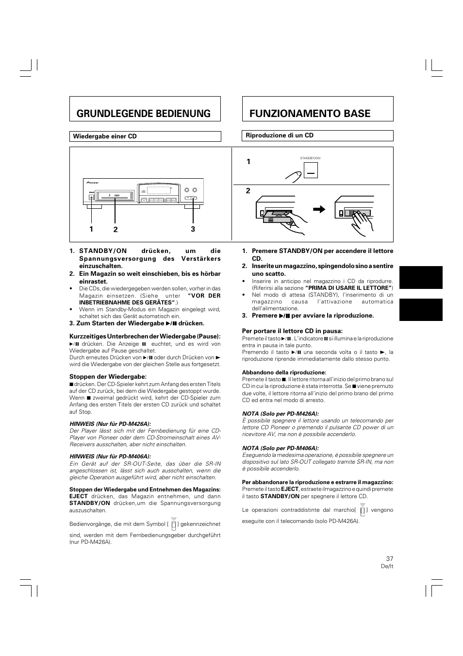 Grundlegende bedienung, Funzionamento base, Funzionamento base grundlegende bedienung | Pioneer PD-M426A User Manual | Page 37 / 88
