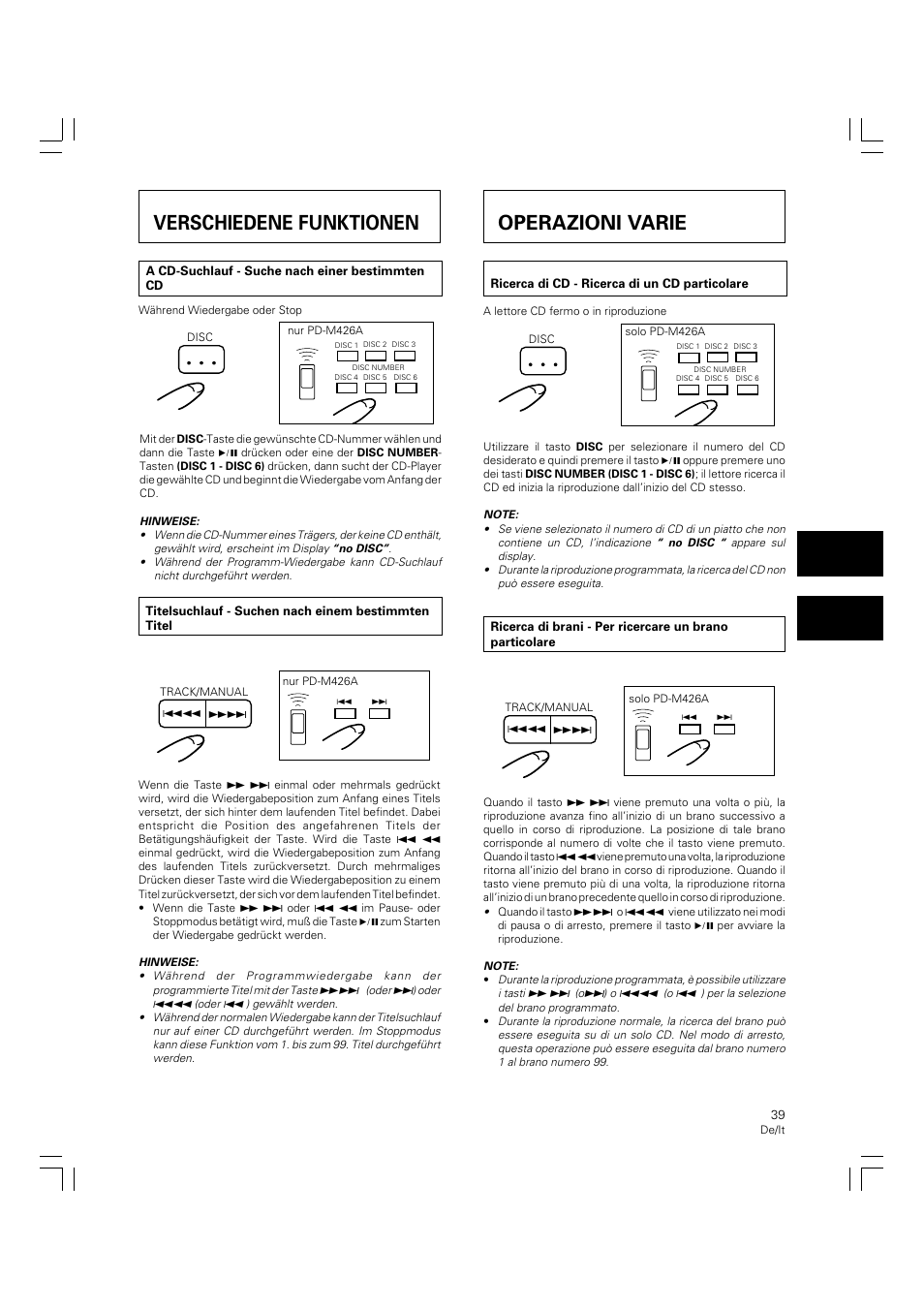 Verschiedene funktionen, Operazioni varie | Pioneer PD-M426A User Manual | Page 39 / 88
