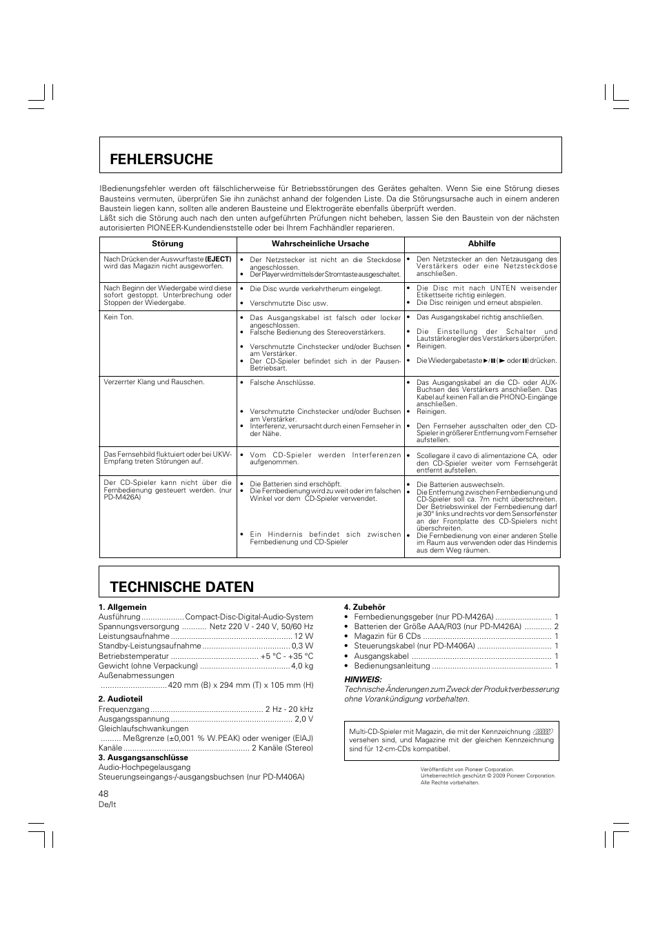 Fehlersuche technische daten, Fehlersuche, Technische daten | Pioneer PD-M426A User Manual | Page 48 / 88