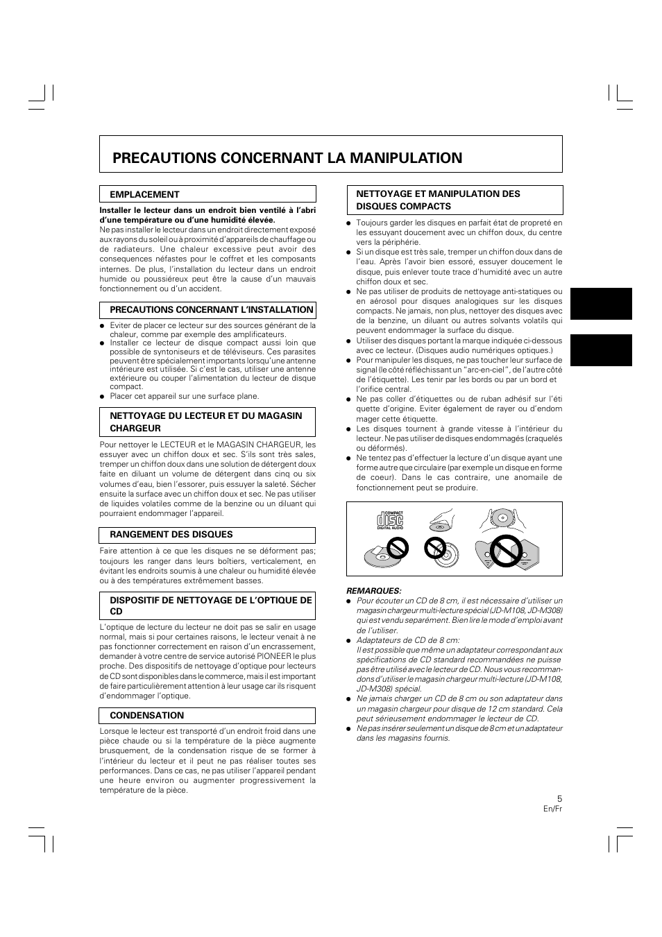 Precautions concernant la manlpulatlon, Precautions concernant la manipulation | Pioneer PD-M426A User Manual | Page 5 / 88