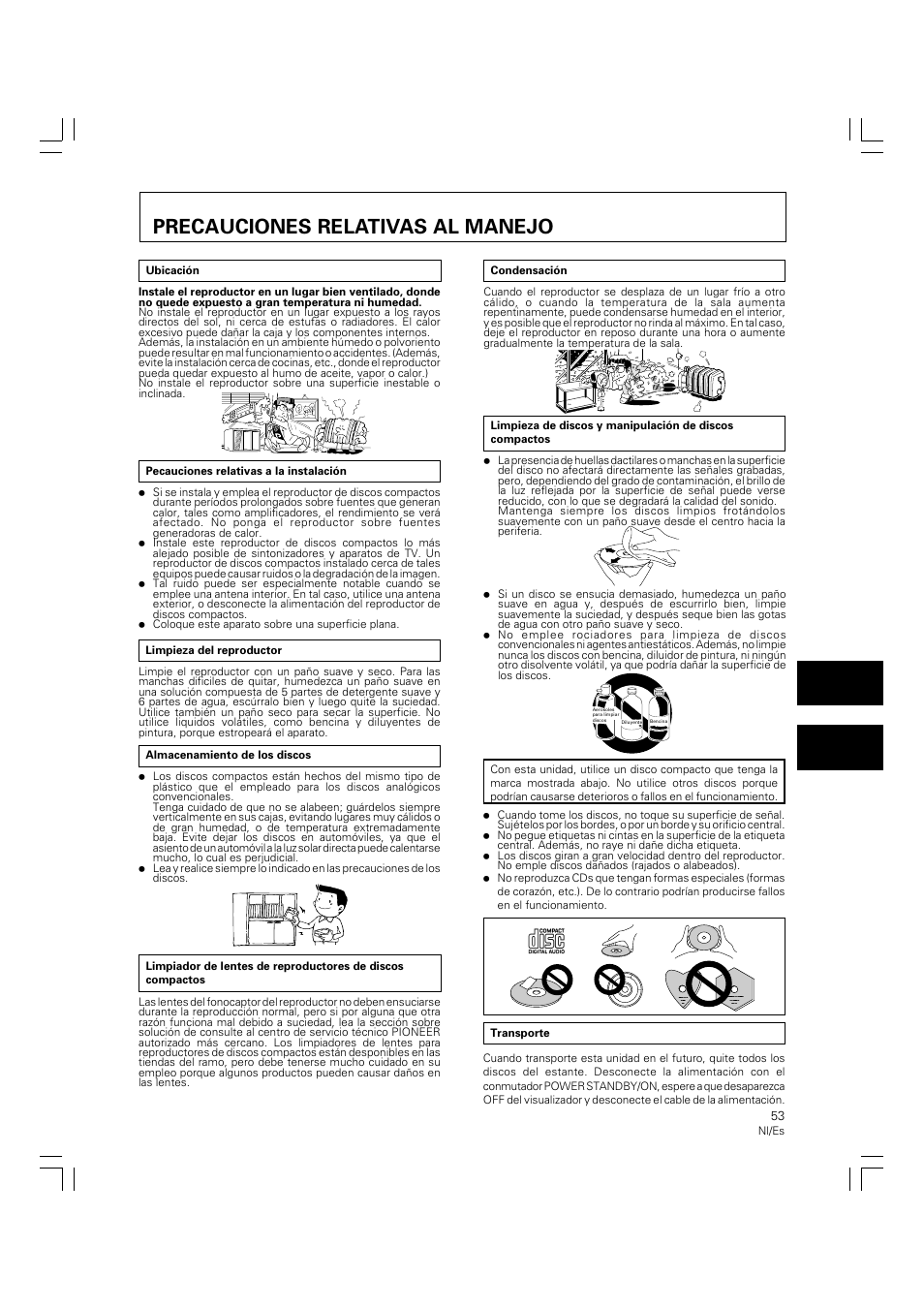 Precauciones relativas al manejo | Pioneer PD-M426A User Manual | Page 53 / 88