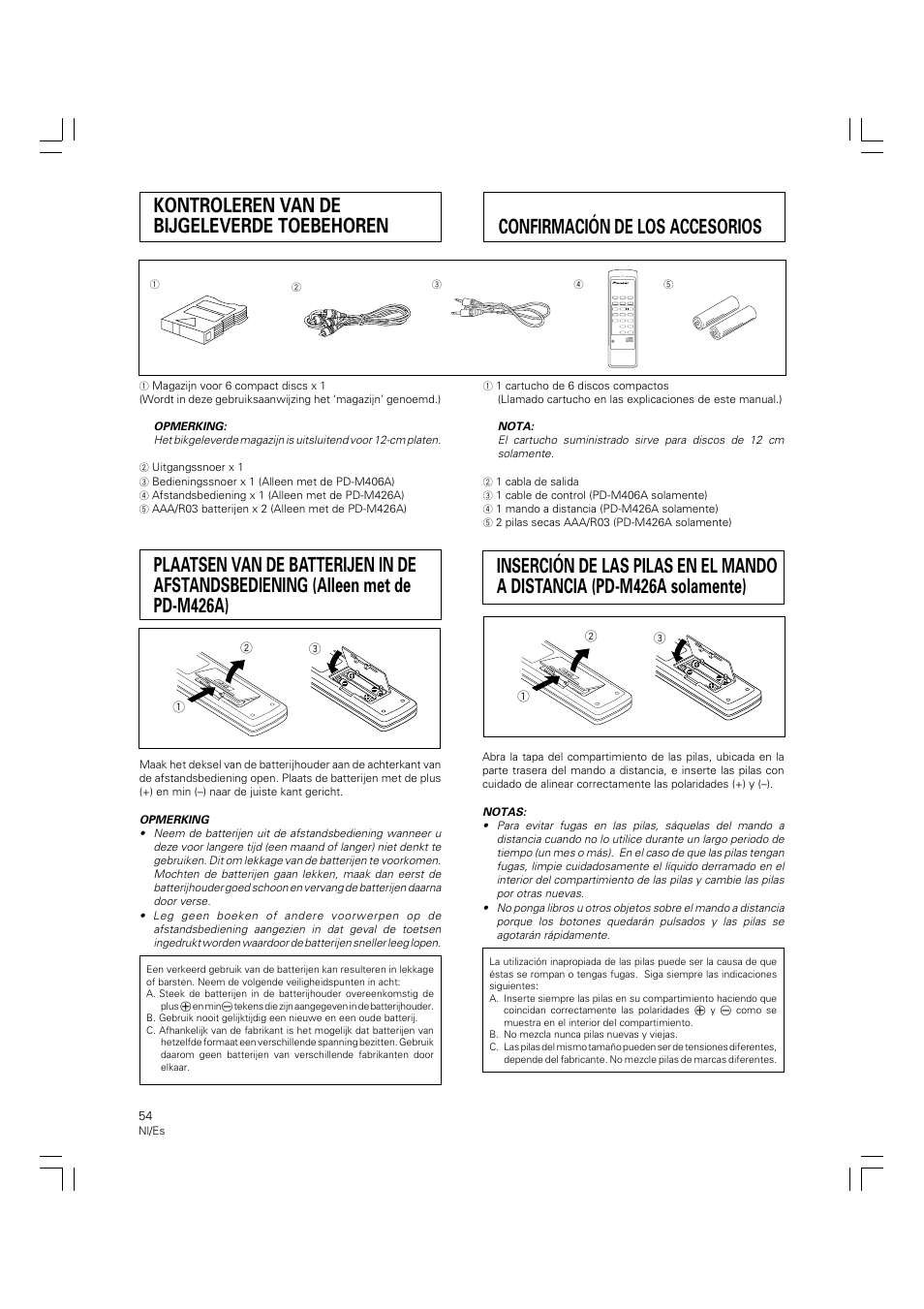 Kontroleren van de bijgeleverde, Toebehoren, Plaatsen van de batterijen | In de afstandsbediening, Mando a distancia | Pioneer PD-M426A User Manual | Page 54 / 88