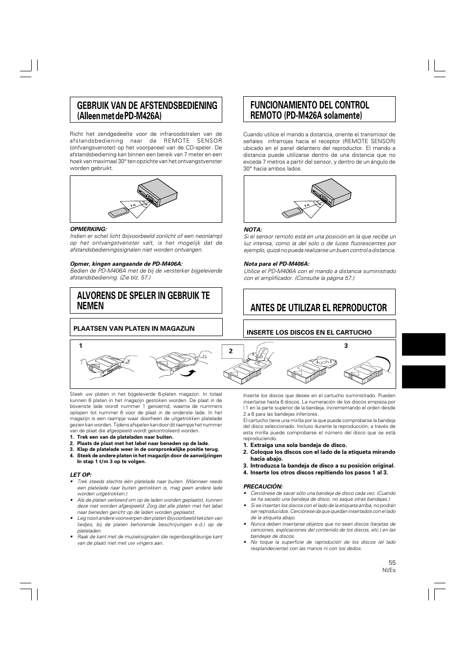 Alvorens de speler in gebruik te nemen, Antes de utilizar el reproductor | Pioneer PD-M426A User Manual | Page 55 / 88
