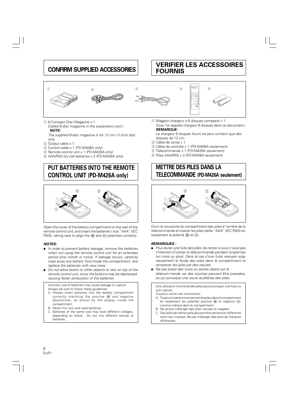 Mettre des piles dans la telecommande, Pd-m426a seulement) | Pioneer PD-M426A User Manual | Page 6 / 88