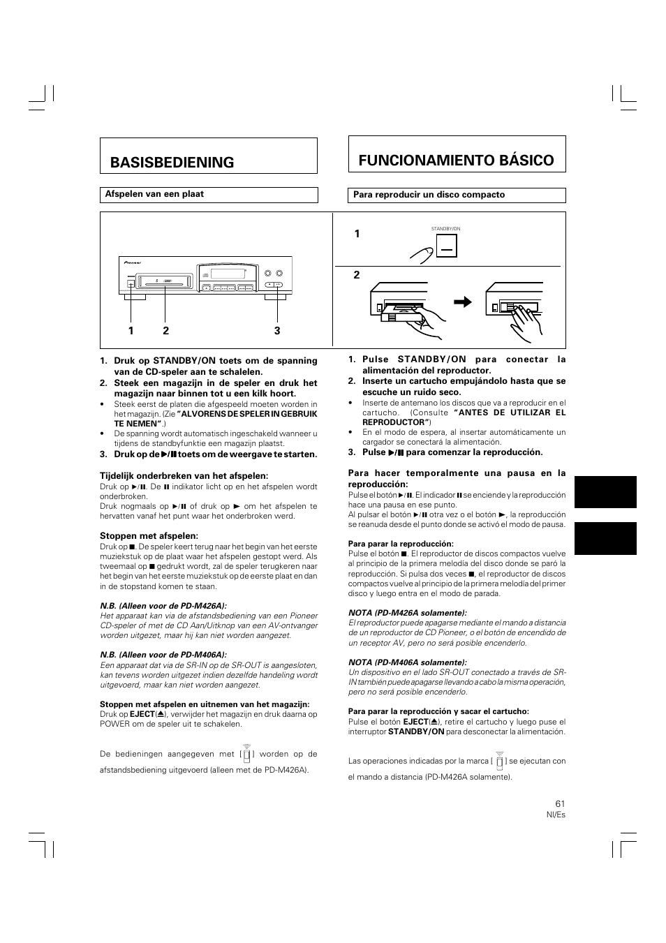 Basisbediening, Funcionamiento básico, Basisbedlening | Pioneer PD-M426A User Manual | Page 61 / 88