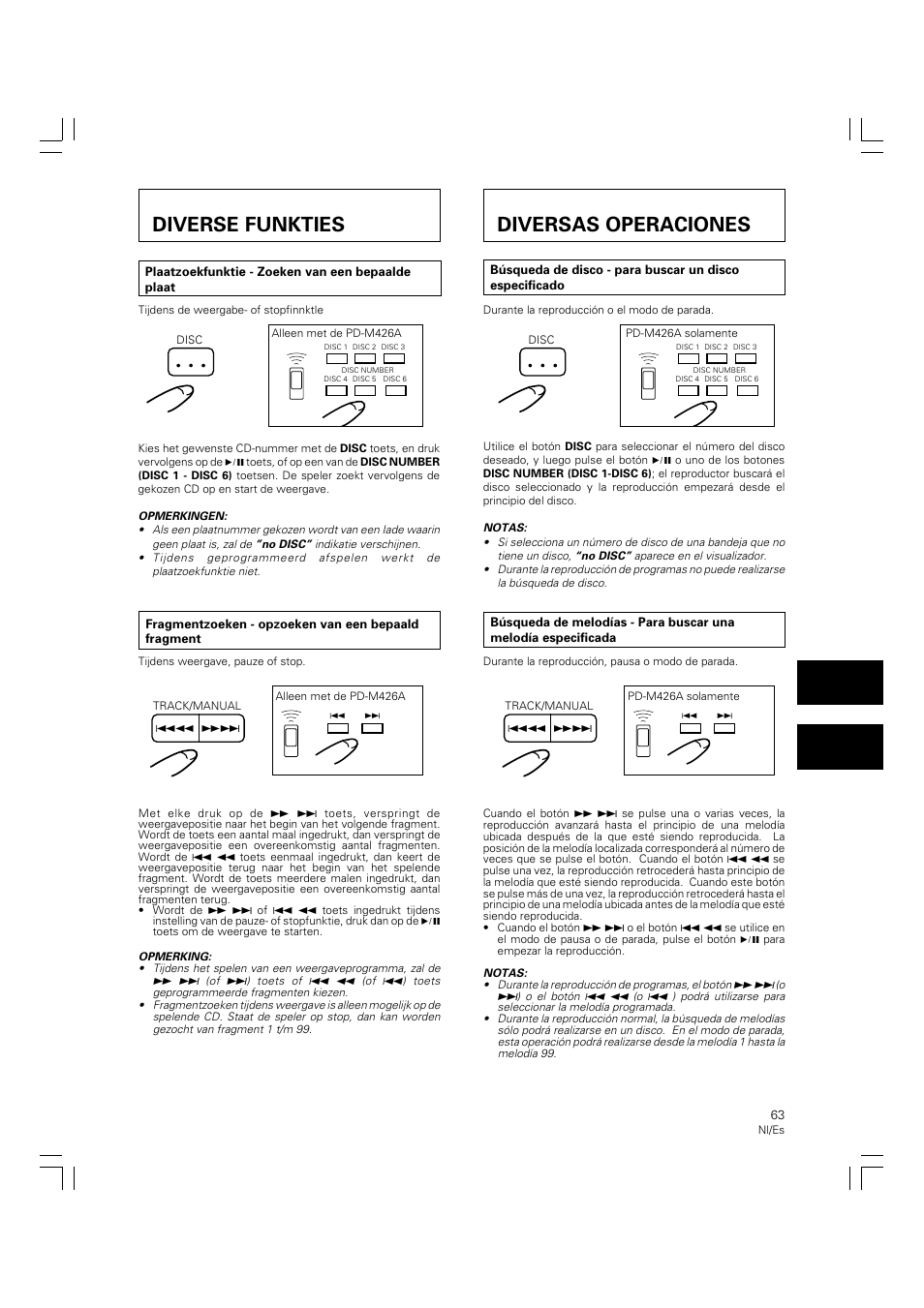 Diverse funkties, Diversas operaciones, Diverse funkties diversas operaciones | Pioneer PD-M426A User Manual | Page 63 / 88