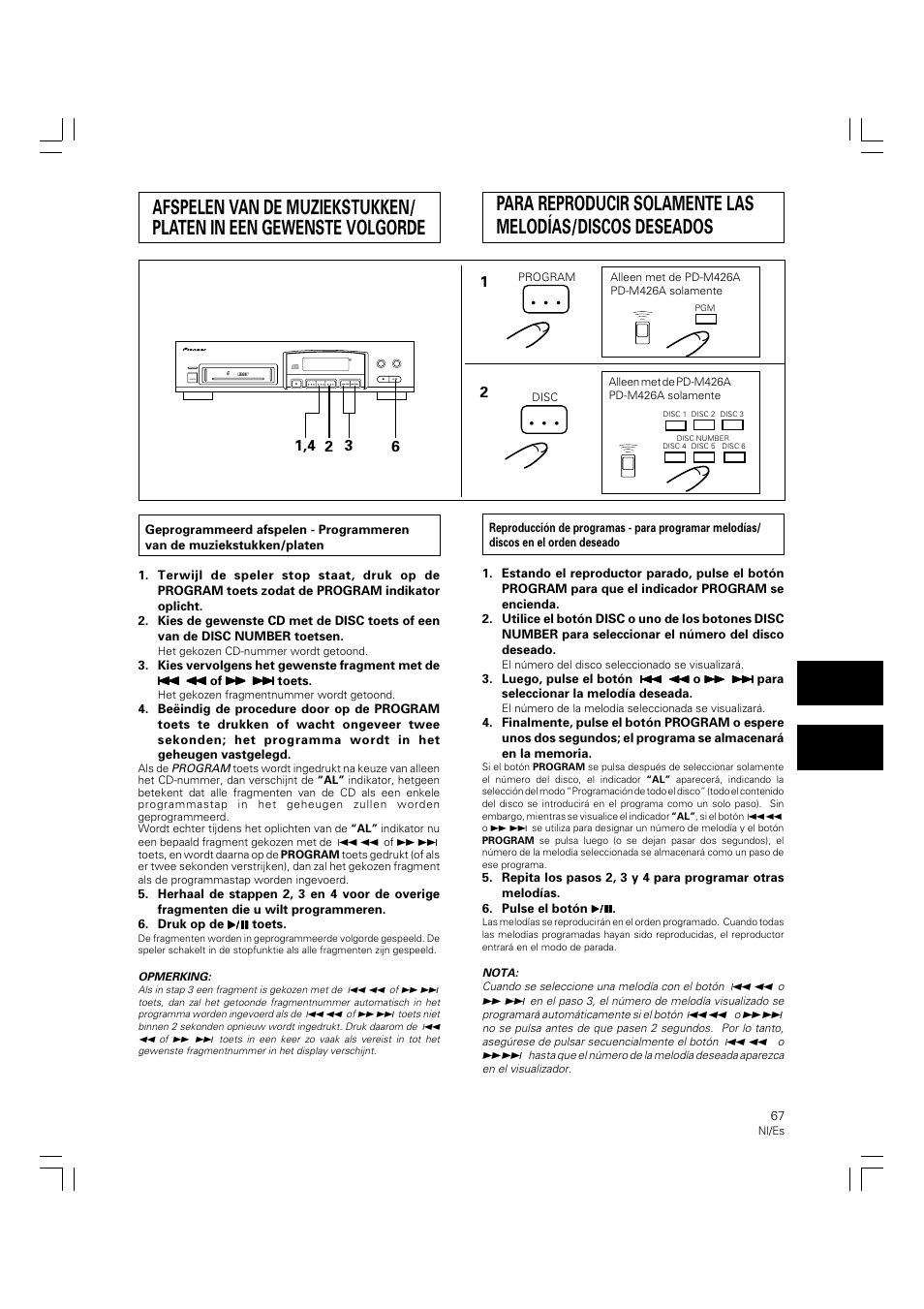 Afspelen van de muziekstukken/platen, In een gewenste volgorde, Para reproducir solamente las | Melodías/discos deseados | Pioneer PD-M426A User Manual | Page 67 / 88