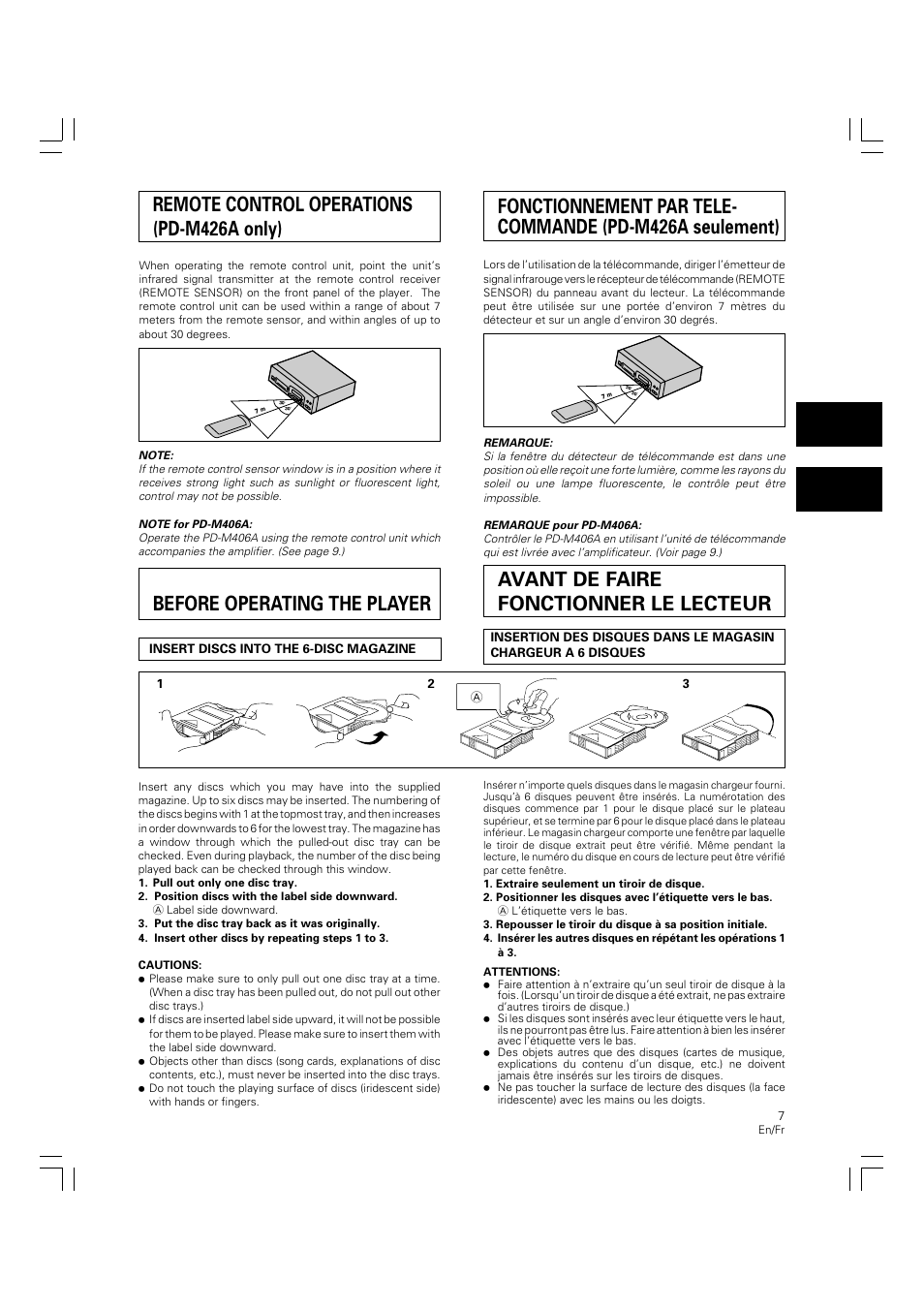Before operating the player, Avant de faire fonctionner le lecteur | Pioneer PD-M426A User Manual | Page 7 / 88