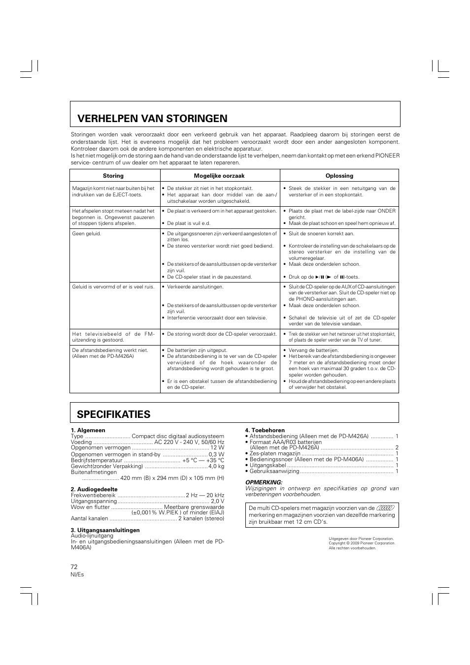 Verhelpen van storingen specifikaties, Speciflkaties verhelpen van storingen | Pioneer PD-M426A User Manual | Page 72 / 88