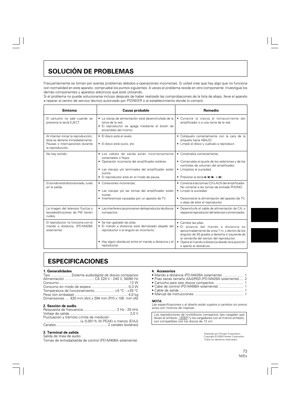 Solución de problemas especificaciones, Solución de problemas, Especificaciones | Pioneer PD-M426A User Manual | Page 73 / 88
