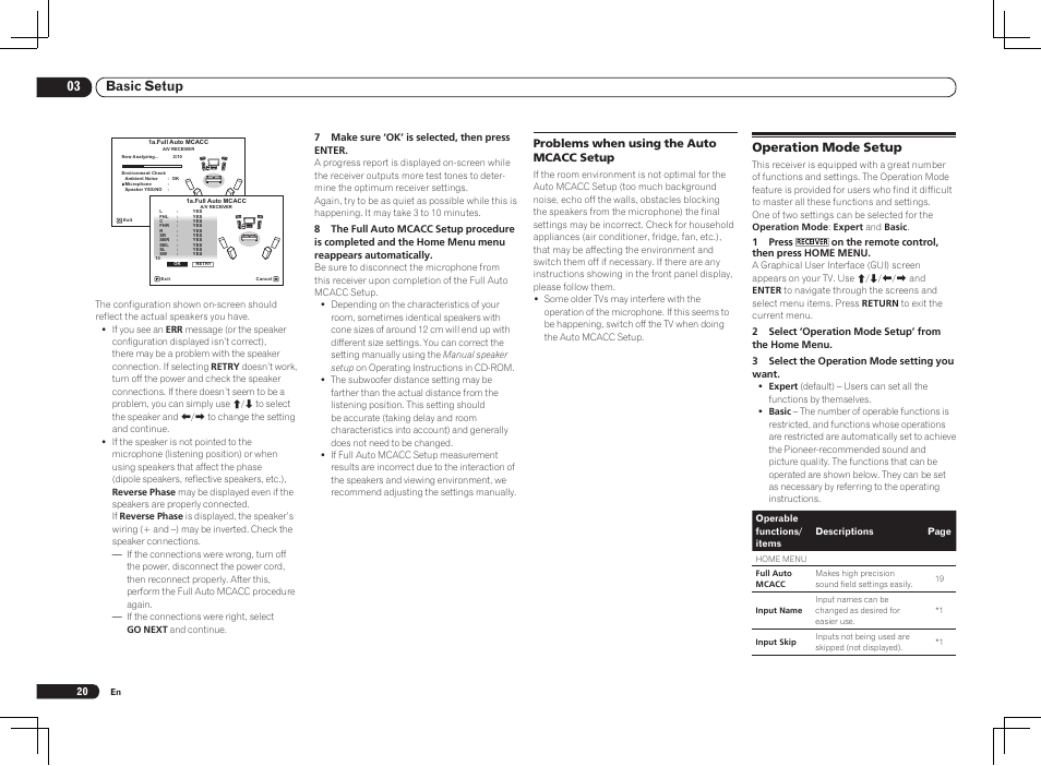 Operation mode setup, 03 basic setup, Problems when using the auto mcacc setup | Pioneer VSX-LX55 User Manual | Page 20 / 76