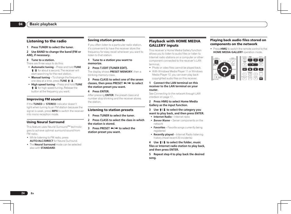 04 basic playback, Playback with home media gallery inputs, Listening to the radio | Improving fm sound, Using neural surround, Saving station presets, Listening to station presets | Pioneer VSX-LX55 User Manual | Page 24 / 76