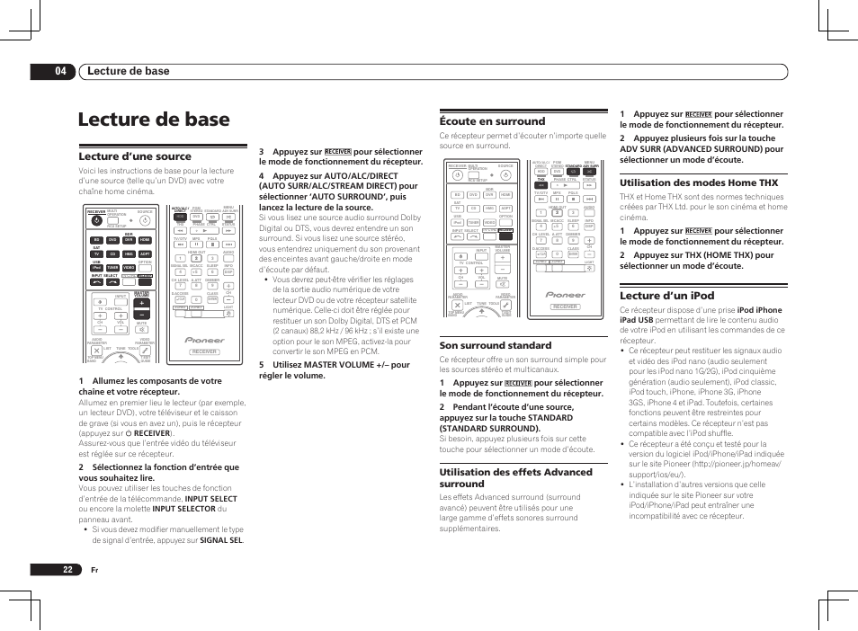 Lecture de base, 04 lecture de base, Écoute en surround | Lecture d’un ipod, Lecture d’une source, Son surround standard, Utilisation des effets advanced surround, Utilisation des modes home thx, 5 utilisez master volume +/– pour régler le volume | Pioneer VSX-LX55 User Manual | Page 46 / 76