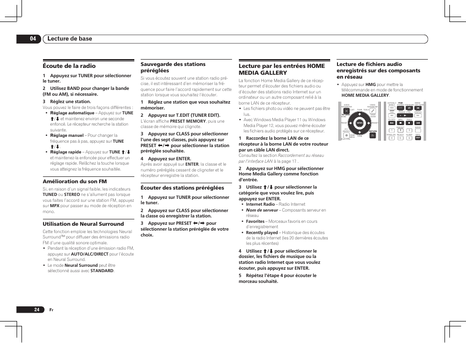 04 lecture de base, Lecture par les entrées home media gallery, Écoute de la radio | Amélioration du son fm, Utilisation de neural surround, Sauvegarde des stations préréglées, Écouter des stations préréglées | Pioneer VSX-LX55 User Manual | Page 48 / 76