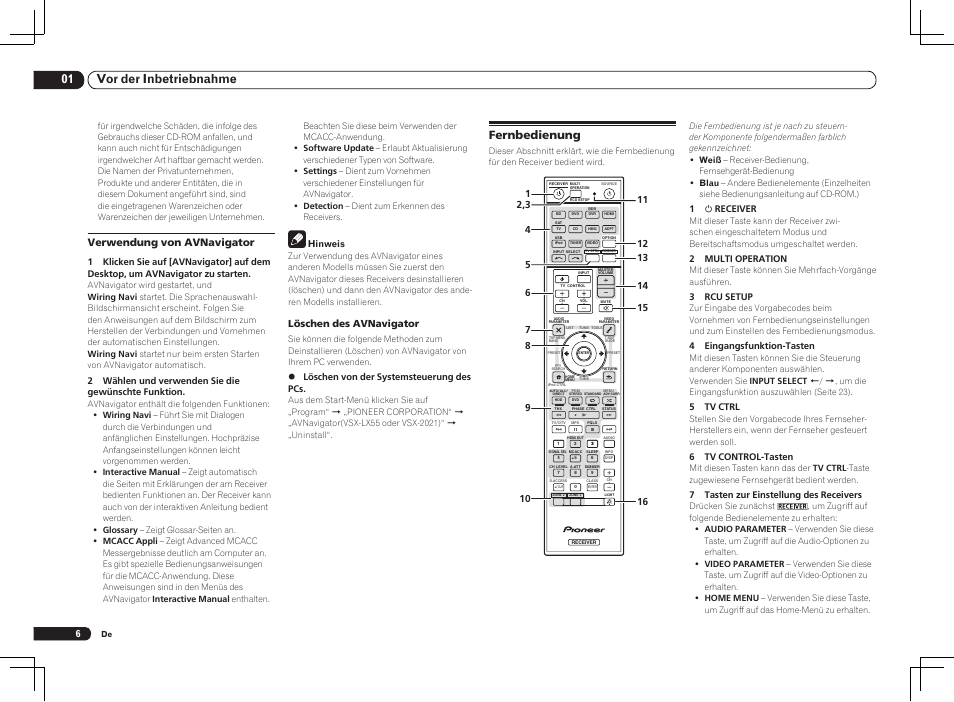 Fernbedienung, 01 vor der inbetriebnahme, Verwendung von avnavigator | Löschen des avnavigator | Pioneer VSX-LX55 User Manual | Page 54 / 76