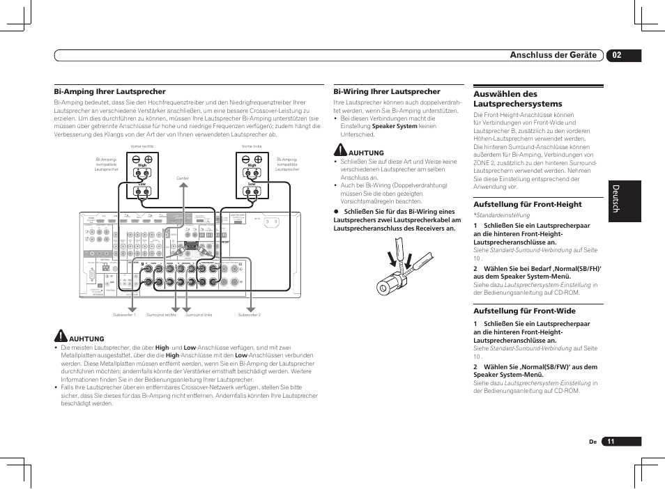 Auswählen des lautsprechersystems, Single), 02 anschluss der geräte | Bi-amping ihrer lautsprecher, Bi-wiring ihrer lautsprecher, Aufstellung für front-height, Aufstellung für front-wide, Auhtung, Standardeinstellung, Siehe standard-surround-verbindung auf seite 10 | Pioneer VSX-LX55 User Manual | Page 59 / 76