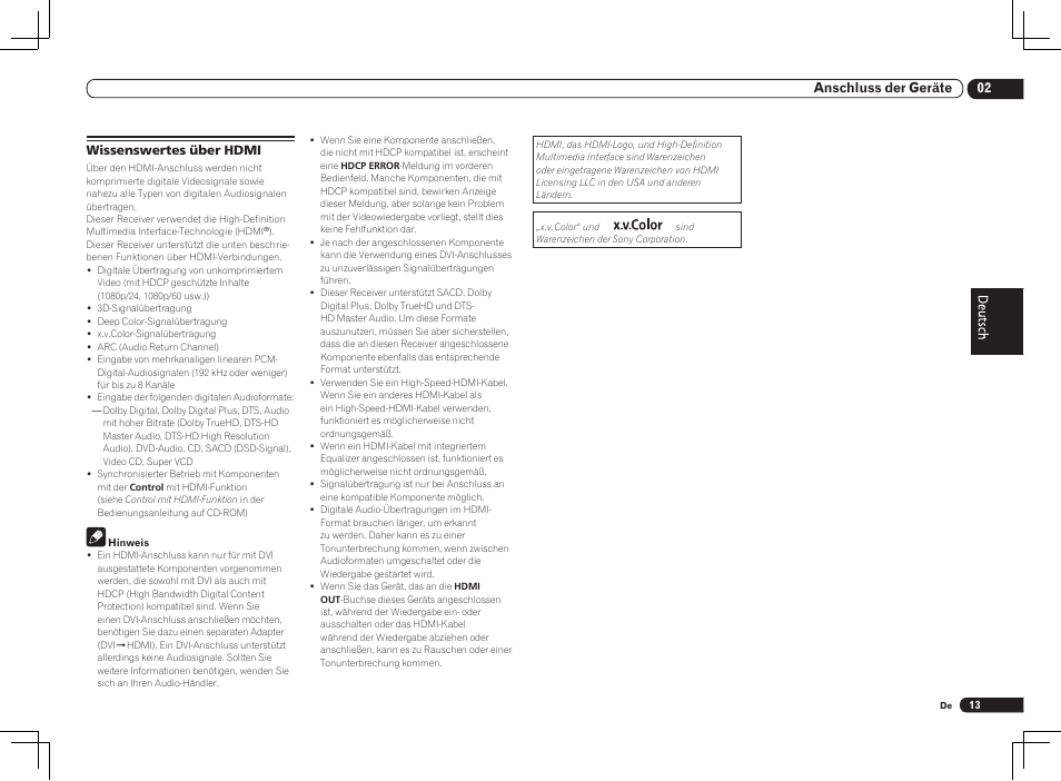 Wissenswertes über hdmi, 02 anschluss der geräte | Pioneer VSX-LX55 User Manual | Page 61 / 76