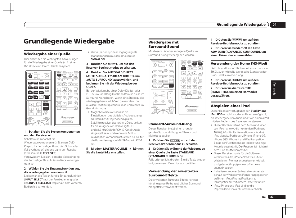 Grundlegende wiedergabe, 04 grundlegende wiedergabe, Wiedergabe einer quelle | Wiedergabe mit surround-sound, Abspielen eines ipod, Standard-surround-klang, Verwendung der erweiterten surround-effekte, Verwendung der home thx-modi | Pioneer VSX-LX55 User Manual | Page 71 / 76