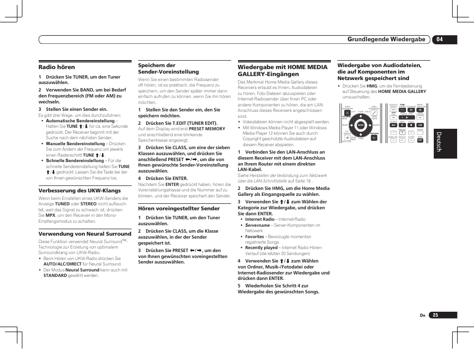 04 grundlegende wiedergabe, Radio hören, Wiedergabe mit home media gallery-eingängen | Verbesserung des ukw-klangs, Verwendung von neural surround, Speichern der sender-voreinstellung, Hören voreingestellter sender | Pioneer VSX-LX55 User Manual | Page 73 / 76