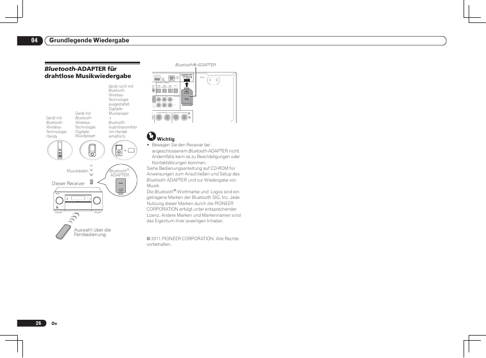 Bluetooth -adapter für drahtlose musikwiedergabe, Single), 04 grundlegende wiedergabe | Pioneer VSX-LX55 User Manual | Page 74 / 76